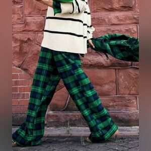 Aerie NWT Street Flannel Trouser PJ, Green and Blue Plaid Wide Leg Best Seller